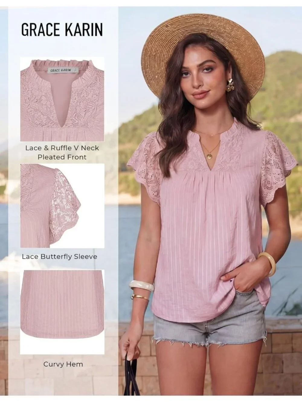 Women's Lace Short Sleeve Tops Summer Dressy Dusty Pink Blouses Flowy V Neck - Picture 4 of 6